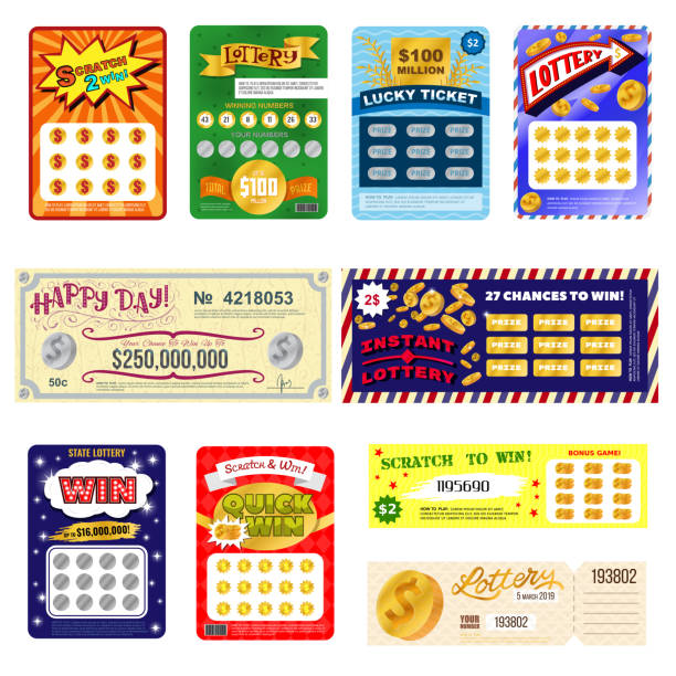 ilustraciones, imágenes clip art, dibujos animados e iconos de stock de billete de lotería lotto de oportunidad de ganar bingo suerte tarjeta jackpot juego set billetes de juegos de azar de lotería ilustración aisladas sobre fondo blanco de vectores - artículos de lotería