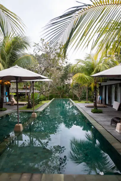 Photo of Tropical villa among palm trees at swimming pool with turquoise water