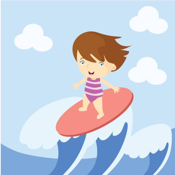ilustrações de stock, clip art, desenhos animados e ícones de cute little surfer girls are on vacation on a summer beach and surfing in the big wave in the sea, cartoon character - cartoon little girls surfing child
