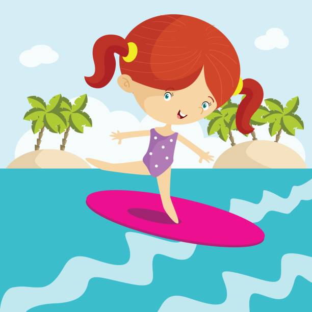 ilustrações de stock, clip art, desenhos animados e ícones de cute little surfer girls are on vacation on a summer beach and surfing in the sea, cartoon character - cartoon little girls surfing child