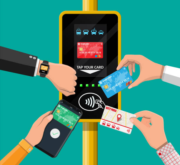 Airport, metro, bus, subway ticket validator. Hands with transport card, smartphone, smartwatch and bank card near terminal. Airport, metro, bus, subway ticket validator. Wireless contactless cashless payments, rfid nfc. Flat vector illustration contactless airport stock illustrations