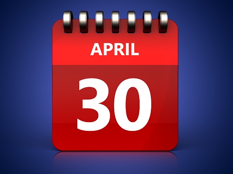3d illustration of april 30 calendar over blue background