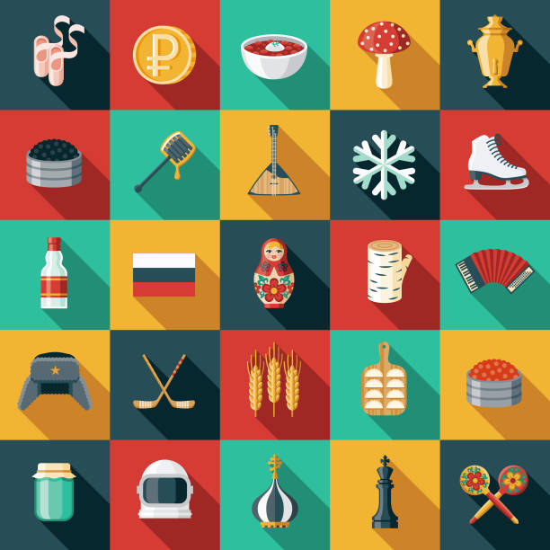 россия плоский дизайн икона установить - russian nesting doll illustrations stock illustrations