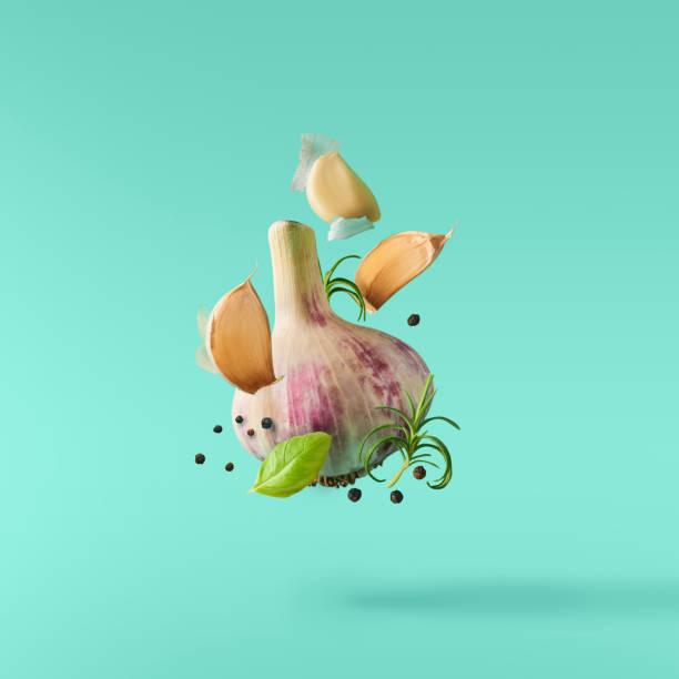 Garlic falling in air with pepper and herbs like rosemary on turquoise background. stock photo