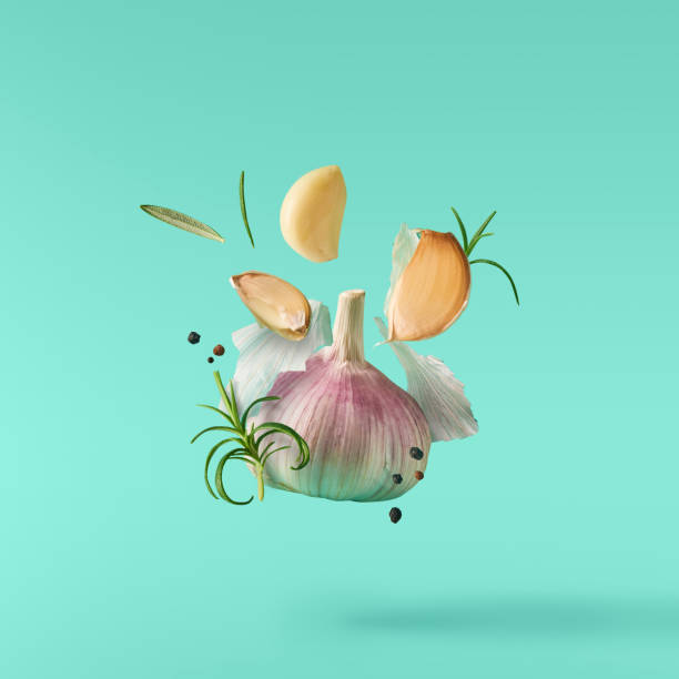 ニンニク胡椒、ローズマリーのようなハーブが付いている空気で背景色が水色に落ちる。 - garlic salt ストックフォトと画像