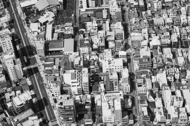 Looking down from the Tokyo Skytree. The compact city in black and white.