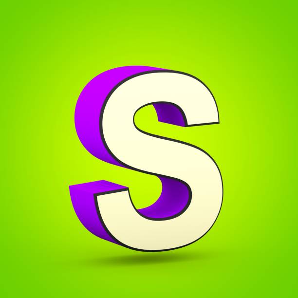 Superhero letter S uppercase. 3D render of stylized retro violet and beige font isolated on lime background.