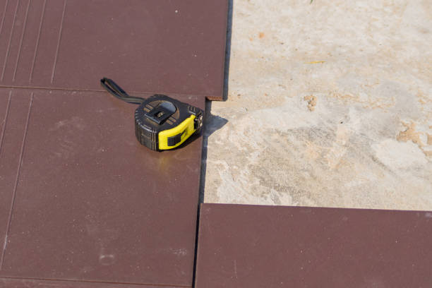 Ceramic floor tiles and tools. for installation. Home improvement and renovation