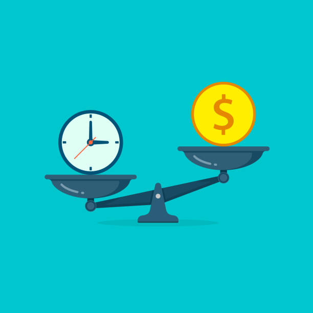 ilustrações de stock, clip art, desenhos animados e ícones de time vs money on scales illustration. money and time balance on scale. weights with clock and money coin. vector isolated concept icon - scale