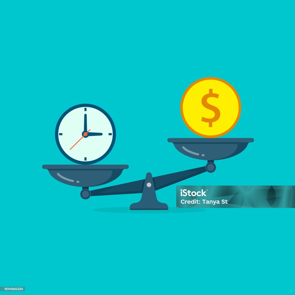 Time vs money on scales illustration. Money and time balance on scale. Weights with clock and money coin. Vector isolated concept icon Time vs money on scales illustration. Money and time balance on scale. Weights with clock and money coin. Vector isolated concept icon. Weight Scale stock vector