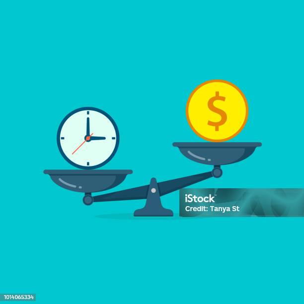 Time Vs Money On Scales Illustration Money And Time Balance On Scale Weights With Clock And Money Coin Vector Isolated Concept Icon Stock Illustration - Download Image Now