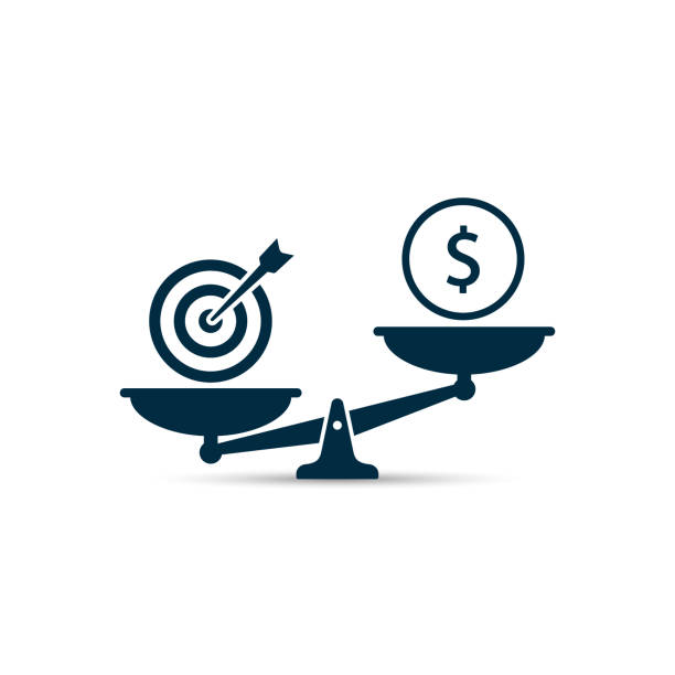 illustrazioni stock, clip art, cartoni animati e icone di tendenza di business target vs money on scales illustrazione. concetto di business vettoriale - st vrain
