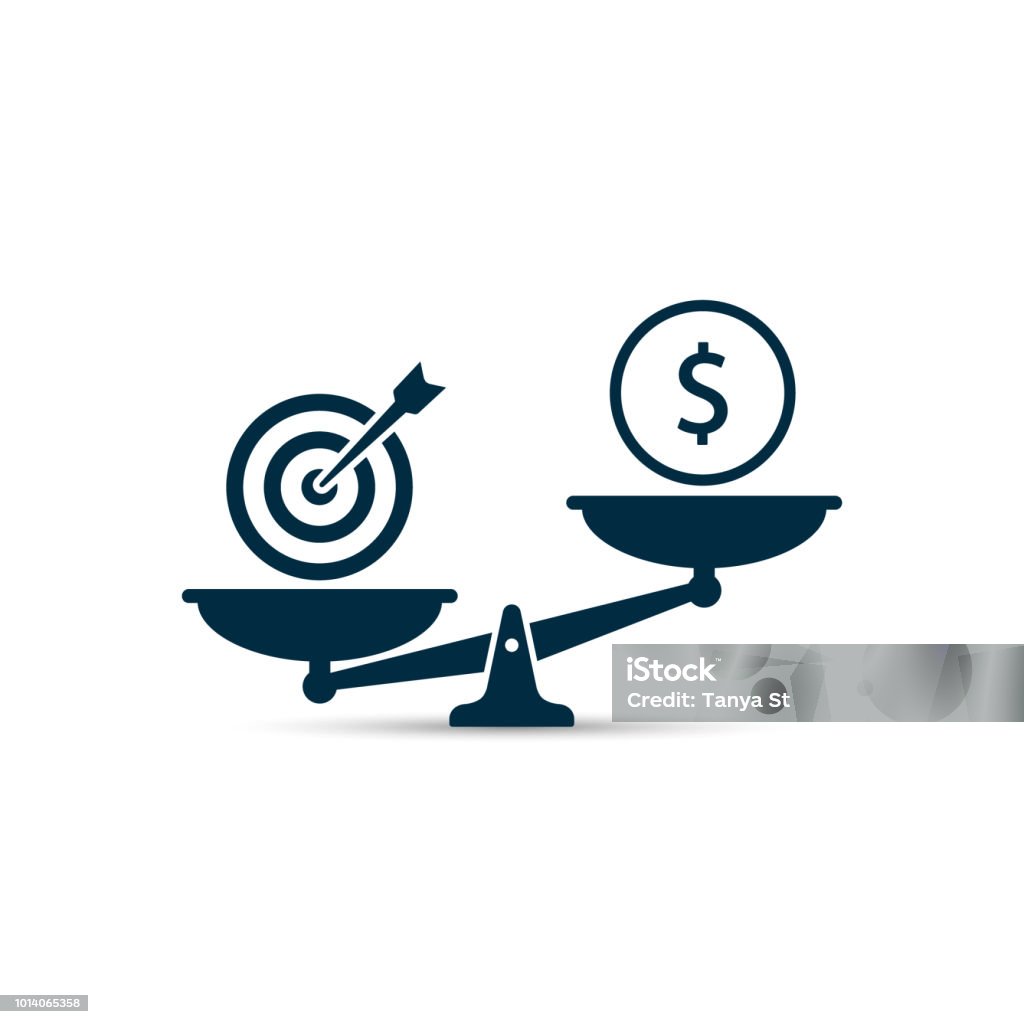 Business Target vs money on scales illustration. Vector business concept Business Target vs money on scales illustration. Vector business concept. Weight Scale stock vector