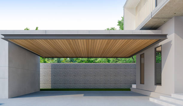 3D Rendering of parking area in the house with wooden roof In the Single House , 3 Parking lots are placed in front of house car parking house garage stock pictures, royalty-free photos & images