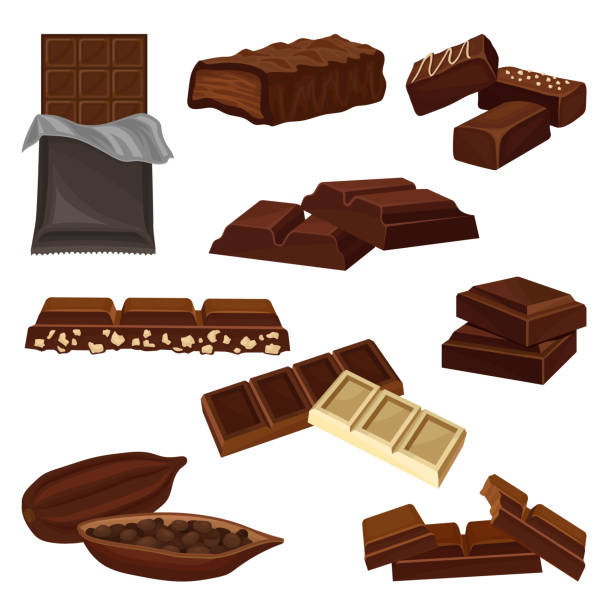 Flat vector set of chocolate products. Candies, pieces of bars and cacao bean full of seeds. Sweet food. Elements for poster or banner of candy shop Set of chocolate products. Candies, pieces of bars and cacao bean full of seeds. Sweet food theme. Graphic elements for advertising poster or banner of candy shop. Isolated flat vector illustrations. chocolate stock illustrations
