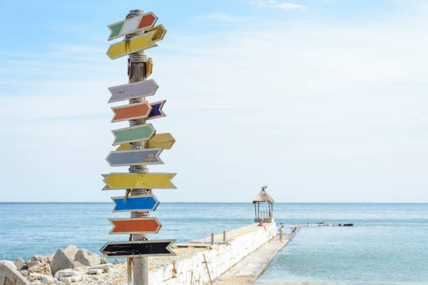 istock Multiple blank signs on a wooden pole in the beach.place for text. 1014069434