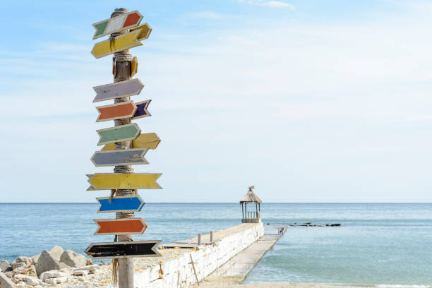istock Multiple blank signs on a wooden pole in the beach.place for text. 1014069462