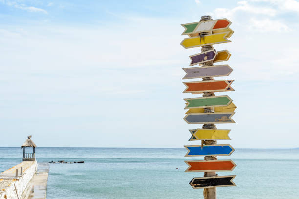 istock Multiple blank signs on a wooden pole in the beach.place for text. 1014069484