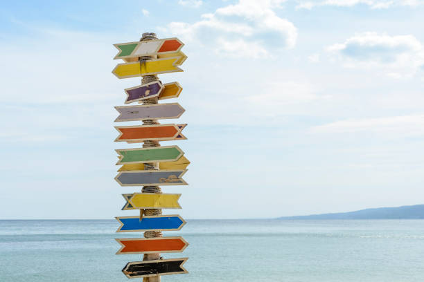 istock Multiple blank signs on a wooden pole in the beach.place for text. 1014069510