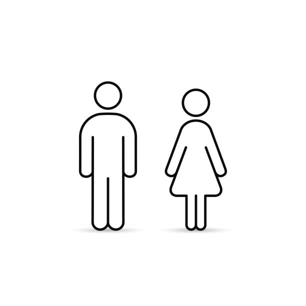 ilustraciones, imágenes clip art, dibujos animados e iconos de stock de icono de hombre y mujer, ilustración de línea del vector aislado - little girls women red bathroom