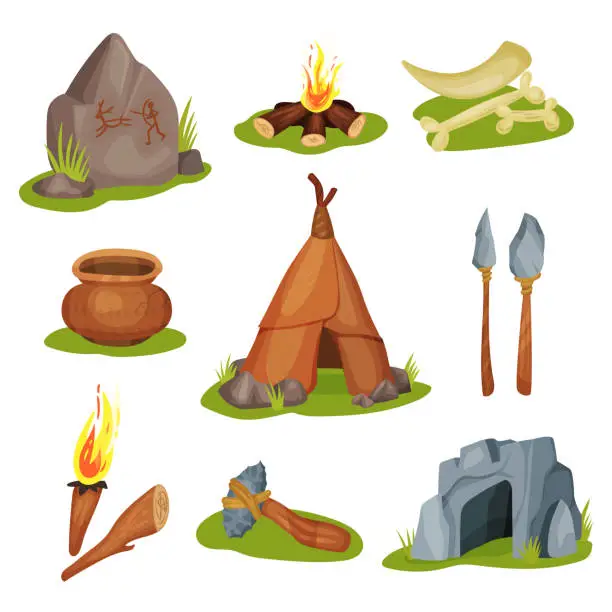 Vector illustration of Flat vector set of various prehistoric objects. Stone with drawing, cave, bones and tooth, weapon and working instrument. Stone Age theme