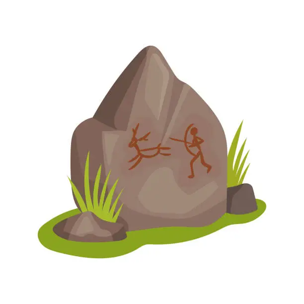 Vector illustration of Flat vectir icon of large stone with drawing on green grass. Prehistoric rock-painting. Ancient man hunting for animal. Stone Age theme