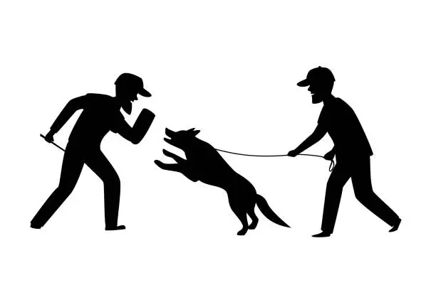 Vector illustration of protection dog training exercise silhouette graphic