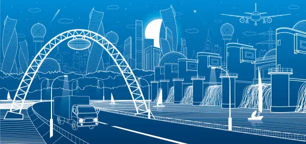 Vector illustration of City infrastructure industrial and energy illustration. Hydro power plant. River Dam. Automobile road. Car move on Illuminated highway. Big bridge. White lines on blue background. Vector design art