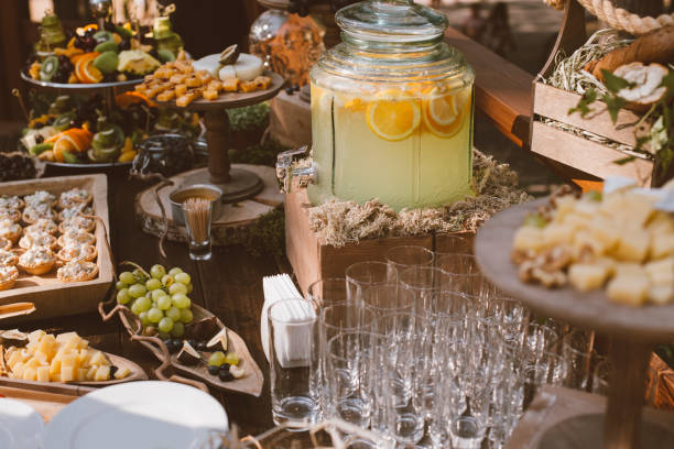 Luxury, elegant wedding reception table arrangement, food and drink stock photo