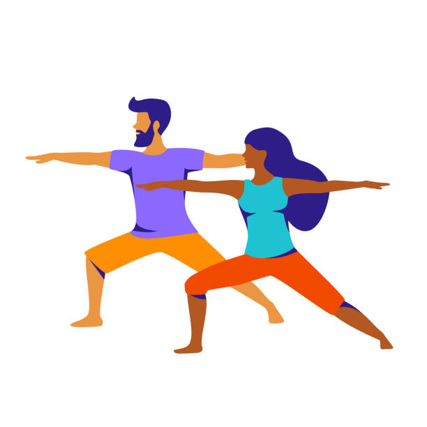 man and woman do yoga exercise, standing in warrior two pose graphic man and woman do yoga exercise, standing in warrior two pose graphic warrior position stock illustrations