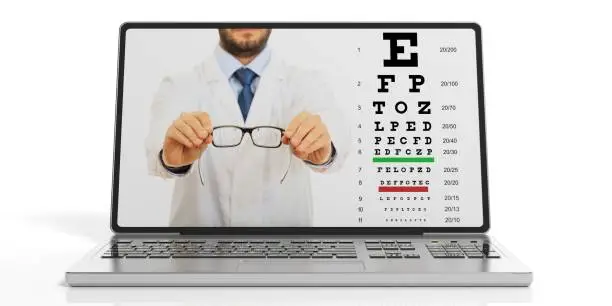 Photo of 3d rendering eyesight test on a laptop