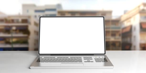 istock 3d rendering laptop on urban blurred background 1014086308
