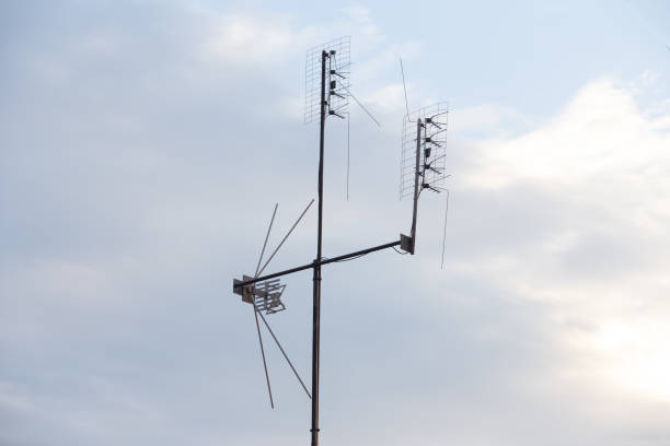 istock Yagi DVBT tv reception antenna installed on the wall. Broadband signal reception 1014087552