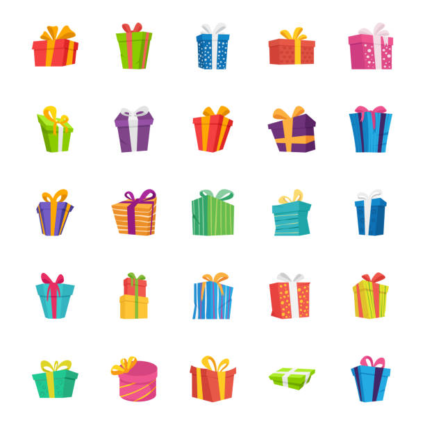 geschenk box flach vector icons set - weihnachtsgeschenke stock-grafiken, -clipart, -cartoons und -symbole