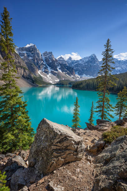 le lac moraine dans le parc national banff, alberta, canada - vertical scenics ice canada photos et images de collection