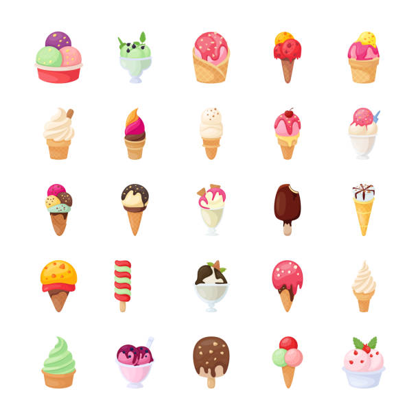 Ice Cream Flat Vector Icons Set This ice cream flat style set contains icons representing every type of ice cream we can think of. Included are a variety of ice cream cones, ice popsicles, sundae, and bowls of ice cream. snow cone stock illustrations