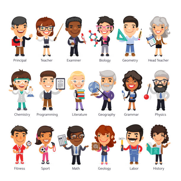 Teachers Flat Cartoon Characters Cartoon flat characters of teachers in various poses. Isolated on white background. Clipping paths included. school principal stock illustrations