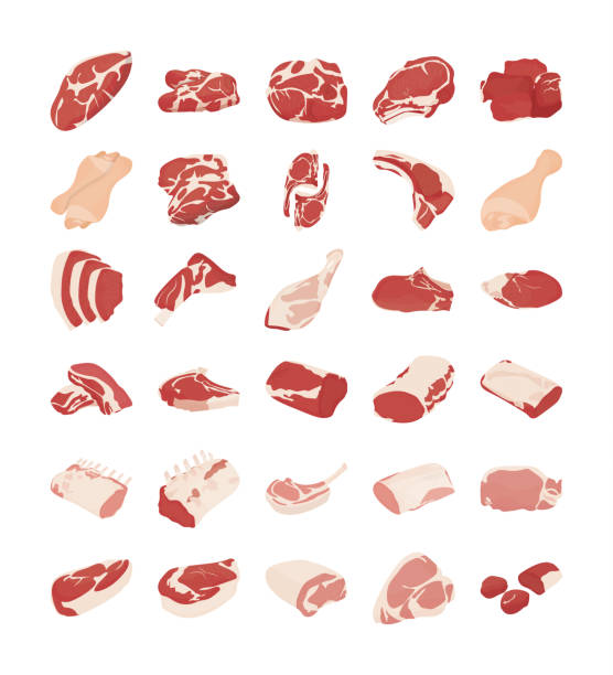 illustrazioni stock, clip art, cartoni animati e icone di tendenza di icone vettoriali piatte della carne - steak meat raw beef