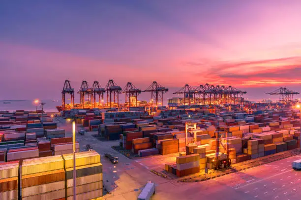 View of Shanghai Yangshan deepwater port at sunset