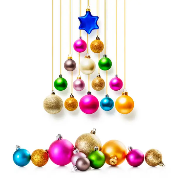 Christmas balls collection. Christmas tree of colorful baubles with gold ribbon isolated on white background. Design elements