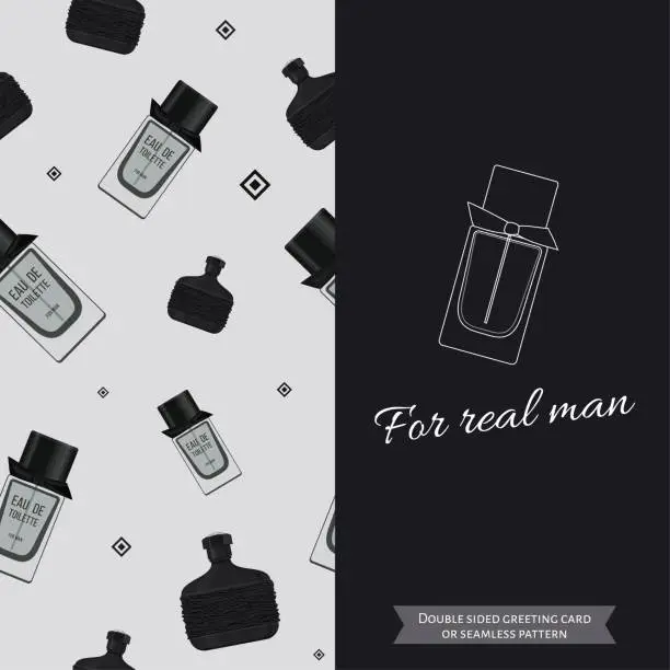 Vector illustration of Double sided modern greeting card for man. Seamless pattern. Male fragrance. Eau de toilette. Perfume for men. Vector illustration