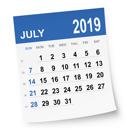 July 2019 calendar isolated on white background. Need another version, another month, another year... Check my portfolio. Vector Illustration (EPS10, well layered and grouped). Easy to edit, manipulate, resize or colorize. Please do not hesitate to contact me if you have any questions, or need to customise the illustration. http://www.istockphoto.com/portfolio/bgblue