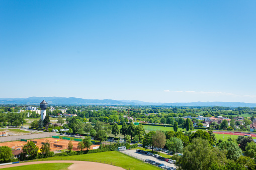 Water tower Wasserturm and Kehl village panorama in Germany on the border with France