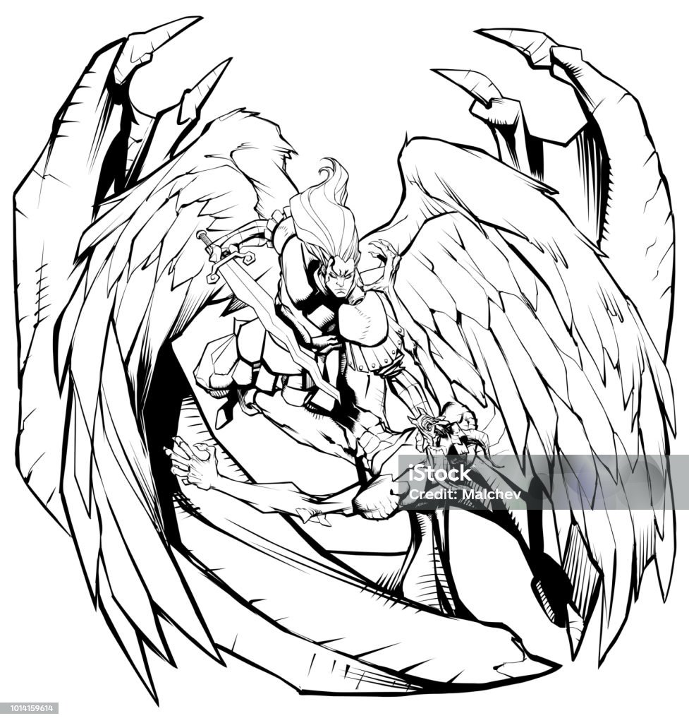 Angel versus Devil Line Art Line art illustration of Archangel Michael defeating Satan. Archangel Michael stock vector