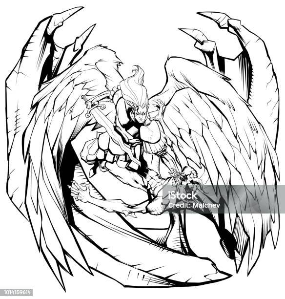 Angel Versus Devil Line Art Stock Illustration - Download Image Now - Archangel Michael, Angel, Archangel