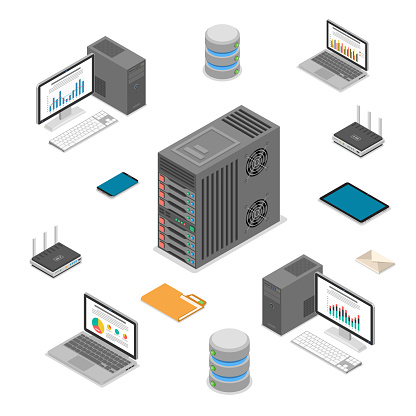 Data Network Technology Isometric business concept with network server, computer, laptop, router and tablet icons. Storage and transfer data. Isolated vector illustration