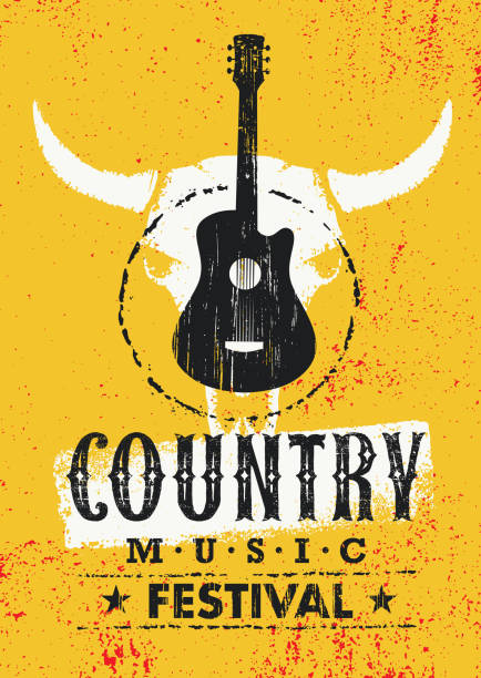 Country Music Festival Creative Vector Textured Poster Concept With Guitar and Cow Skull On Grunge Wall Background Country Music Festival Creative Vector Textured Poster Concept With Guitar and Cow Skull musical equipment stock illustrations