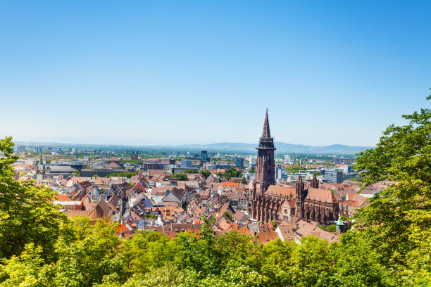 paisaje urbano de freiburg con munster contra el cielo azul - freiburg im breisgau fotografías e imágenes de stock