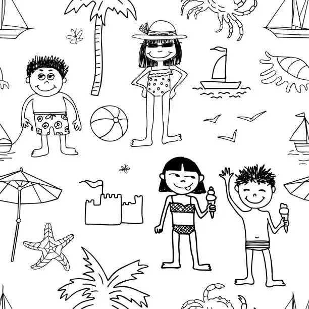 Vector illustration of Vector background of kids on beach rest