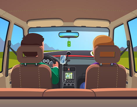 Two people family couple on vacation car road trip. Countryside travel ride. Car interior, people on front row, husband driving. Flat style isolated vector illustration